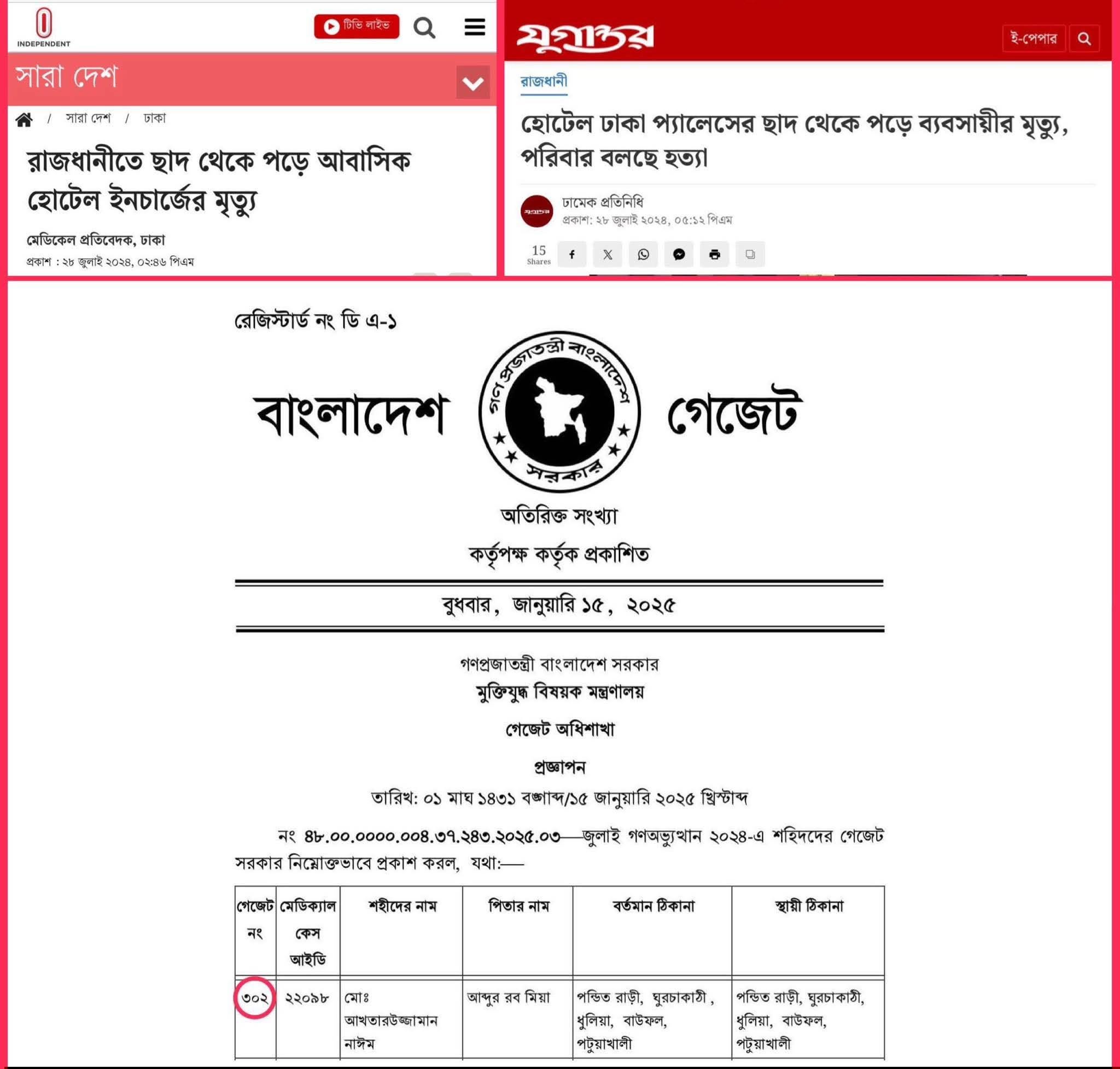 জুলাই গেজেট স্ক্যাম: ছাদ থেকে পড়ে যাওয়া আখতারুজ্জামান নাঈমকে বানানো হয় জুলাই শহীদ 