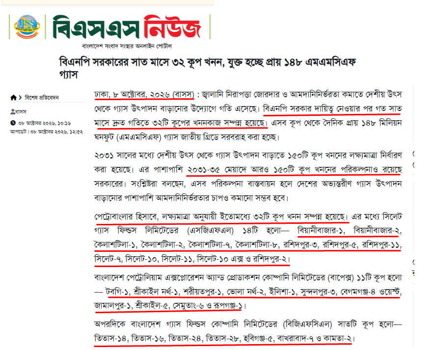 বিএনপি সরকার দায়িত্ব নেওয়ার পর গত সাত মাসে দ্রুত গতিতে ৩২টি কূপের খননকাজ সম্পন্ন হয়েছে। ৮ অক্টোবর, ২০২৬ (বাসস)