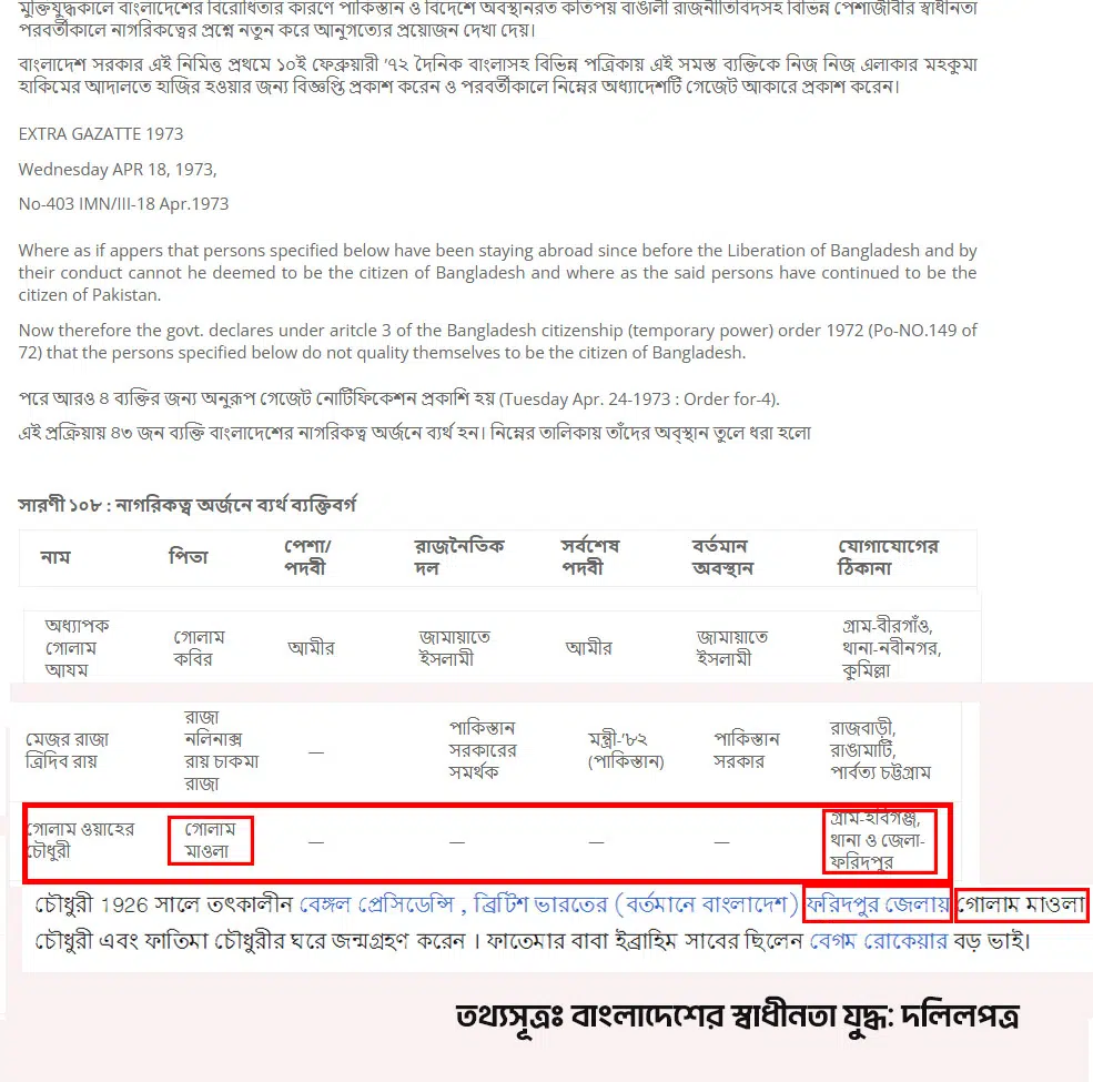 The name of Golam Wahed Chowdhury is in the list of people whose citizenship was revoked in the 1973 Gazette Notification. (As the name was changed to "Golam Waher" in a typo, it has been confirmed that this is Golam Wahed Chowdhury, based on the name of his father and the name of the district where he was born)